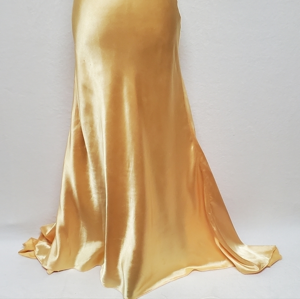 Vintage Beyond Jovani Yellow Charmeuse Shimmer V-neck Beaded Backless Maxi Dress - Picture 7 of 16